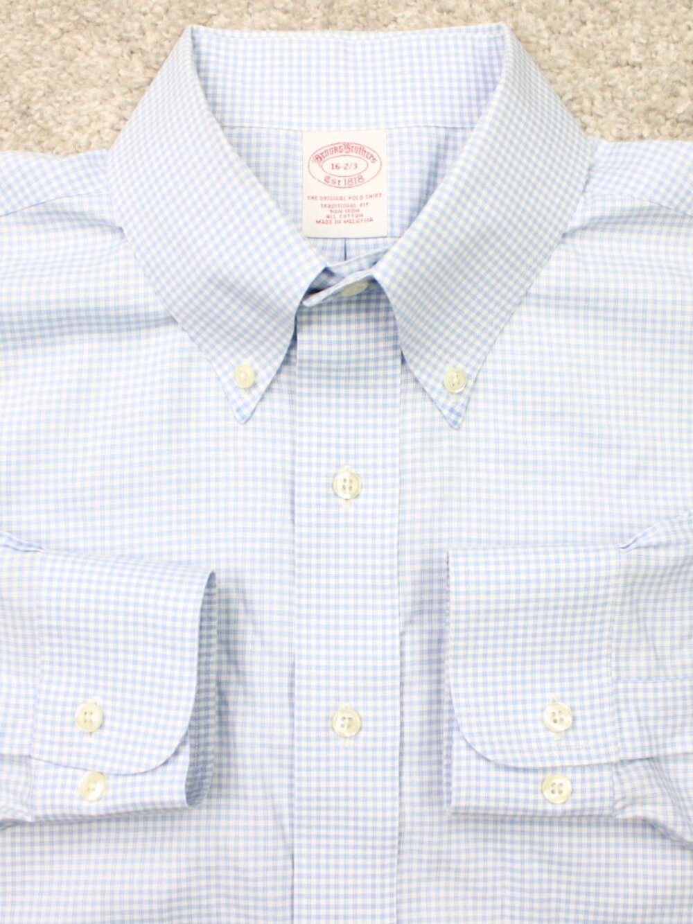 Brooks Brothers Shirt Men 16, 2/3 Blue Check Traditional Fit Non-Iron Cotton L/S
